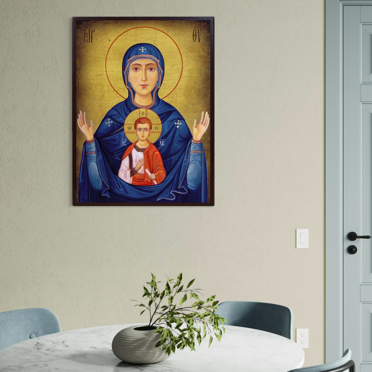 Imagine cu icoana bizantina cu maica domnului si pruncul, tiparita pe panza canvas